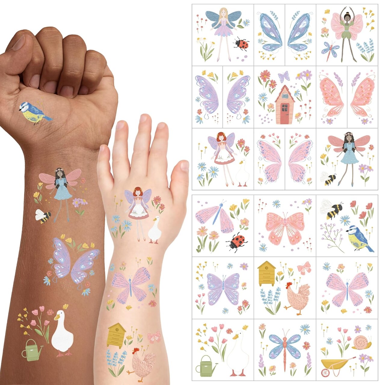 Garden Fairy Temporary Tattoo for Spring Tea Party and Woodland Fairy Wings Baby Shower Girls Birthday Party Supply and Decorations (12 Sheets - 108 Pieces)